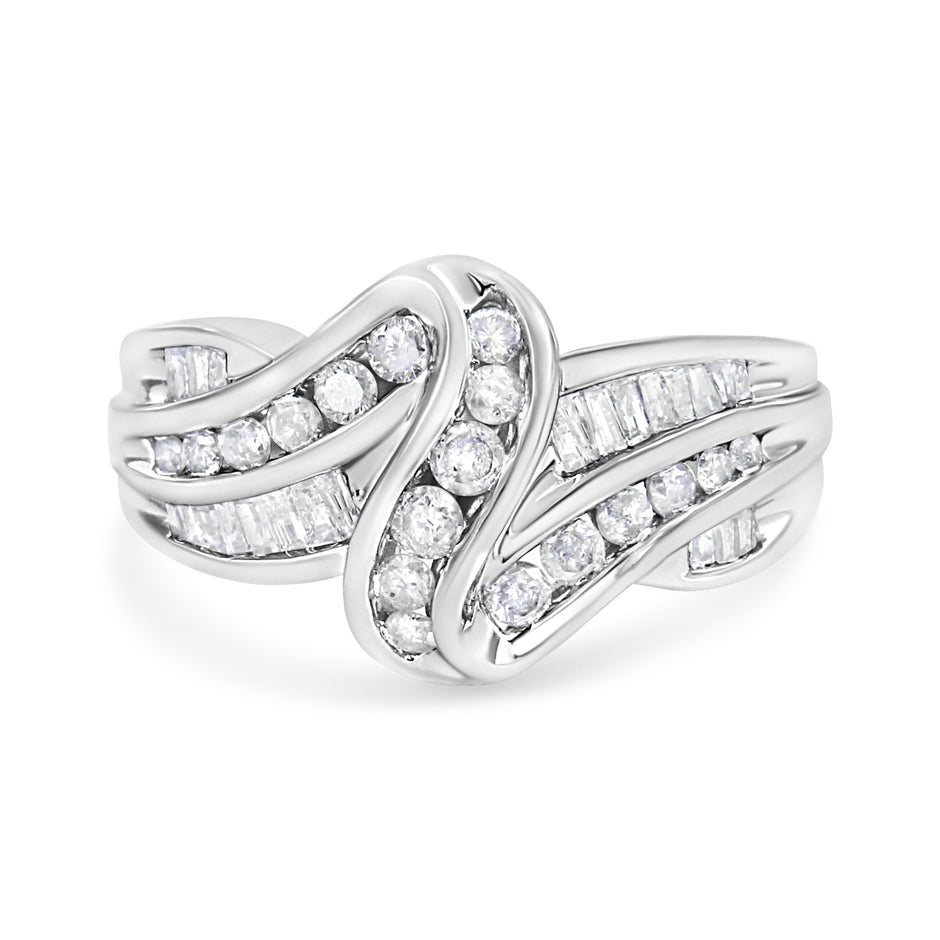10K White Gold Ring 3/4 Cttw Round and Baguette-Cut Diamond Bypass Ring (H-I Color, I2-I3 Clarity) - Size 6