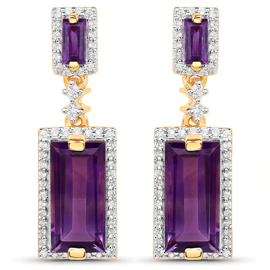 18K Yellow Gold Plated 6.01 Carat Genuine Emerald and White Topaz .925 Sterling Silver Earrings