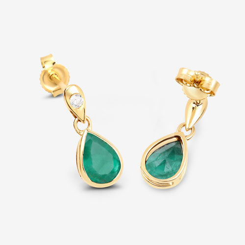 1.35 Carat Genuine Zambian Emerald and White Diamond 10K Yellow Gold Earrings