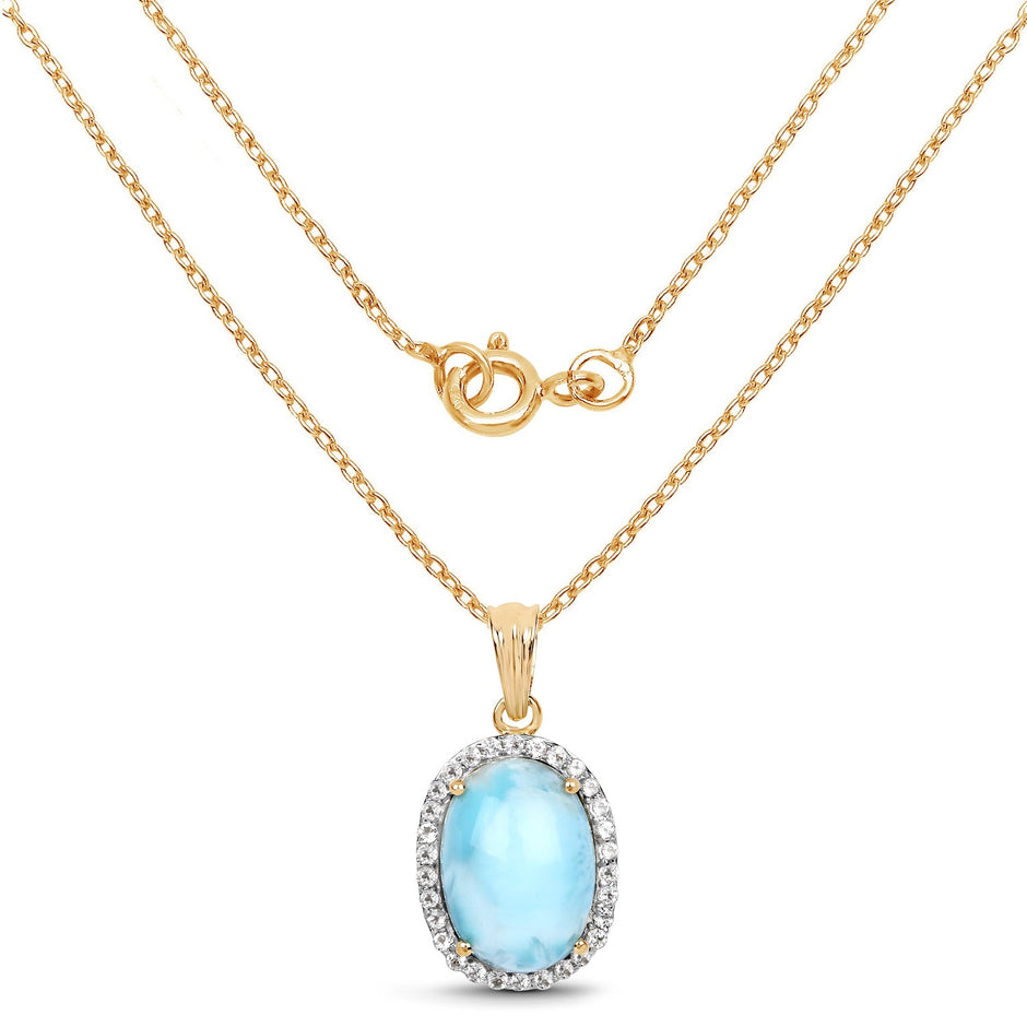 14K Yellow Gold Plated 13.55 Carat Genuine Larimar and White Topaz .925 Sterling Silver Pendant