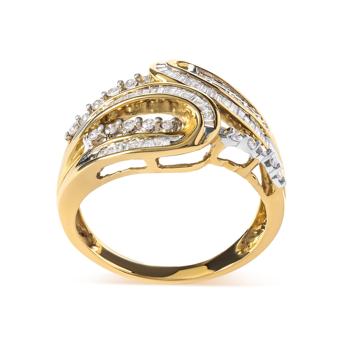 10K Yellow Gold 1/2 Cttw Round and Baguette cut Diamond Open Space Bypass Ring (H-I Color, SI2-I1 Clarity) - Ring Size 7