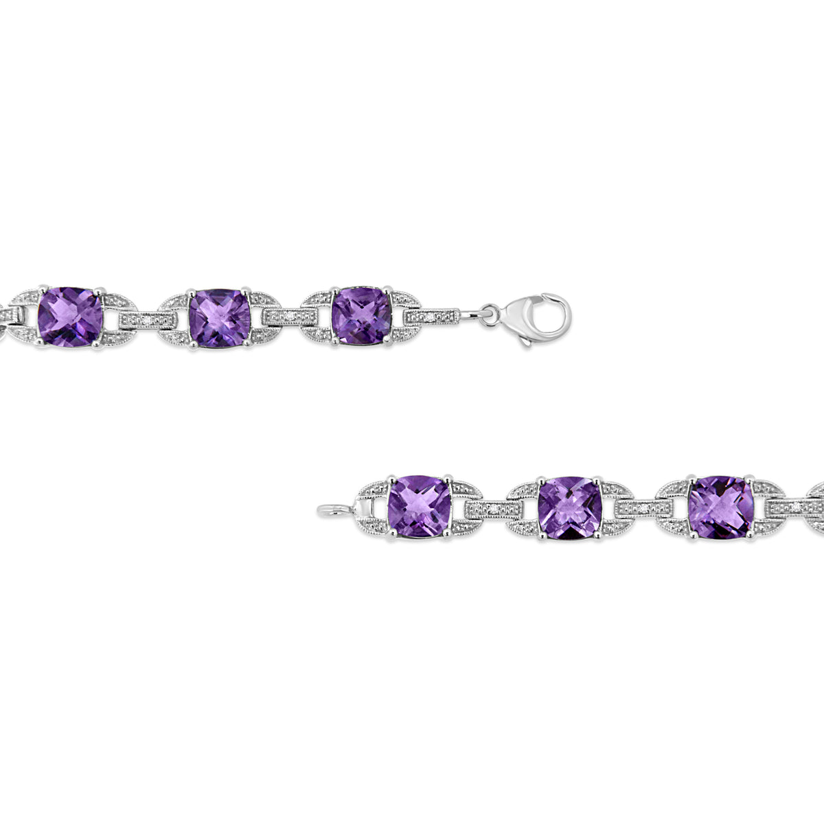 .925 Sterling Silver 7mm Cushion Cut Amethyst Gemstone and Diamond Tennis Link Bracelet (I-J Color, I1-I2 Clarity) - Size 7