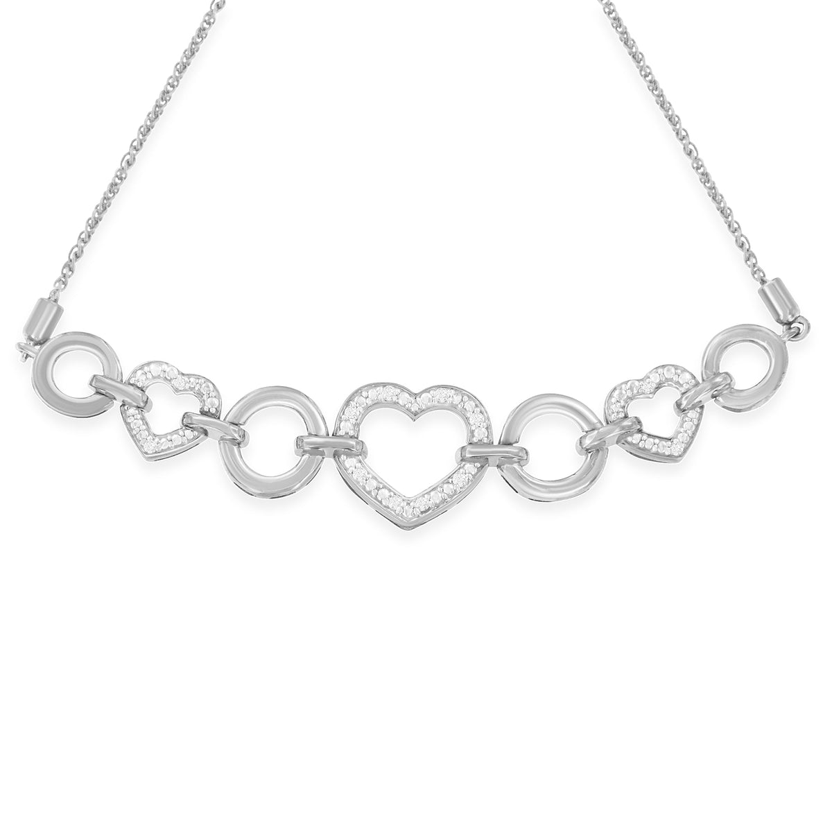 .925 Sterling Silver 1/10 Cttw Round-Cut Diamond Heart-Link Adjustable Bolo Bracelet ( H-I Color, I2-I3 Clarity) - 6