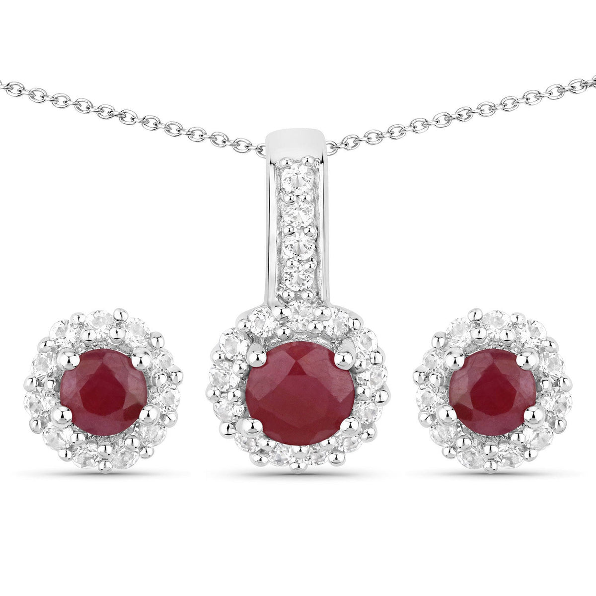 2.17 Carat Genuine Ruby and White Topaz .925 Sterling Silver Jewelry Set