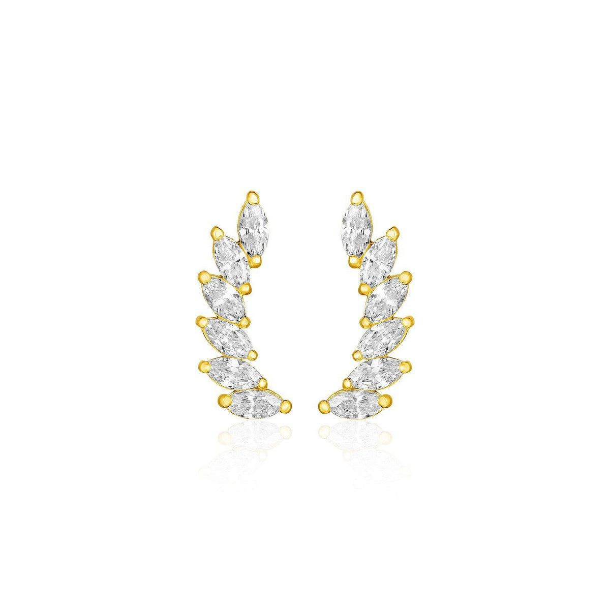 14k Yellow Gold Leaf Motif Climber Post Earrings with Marquise Cubic Zirconias