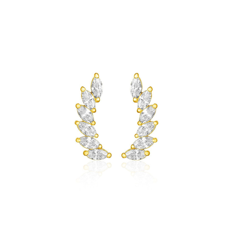 14k Yellow Gold Leaf Motif Climber Post Earrings with Marquise Cubic Zirconias