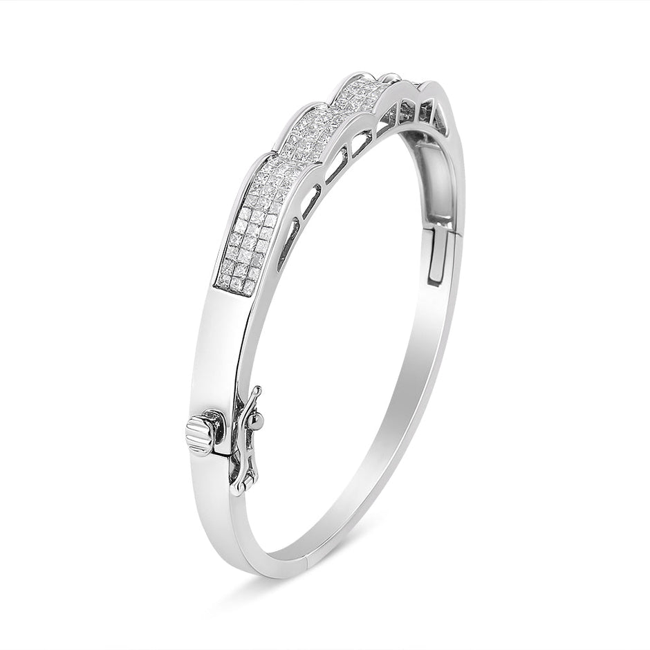 14K White Gold 3 1/3 Cttw Invisible Set Princess-Cut Diamond Wave Bangle Bracelet (H-I Color, SI1-SI2 Clarity) - Size 7