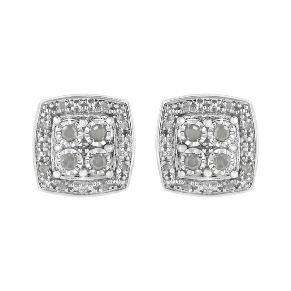 .925 Sterling Silver 1/4 cttw Round Cut Diamond Square Shape Milgrain Stud Earrings (I-J Color, I3 Clarity)