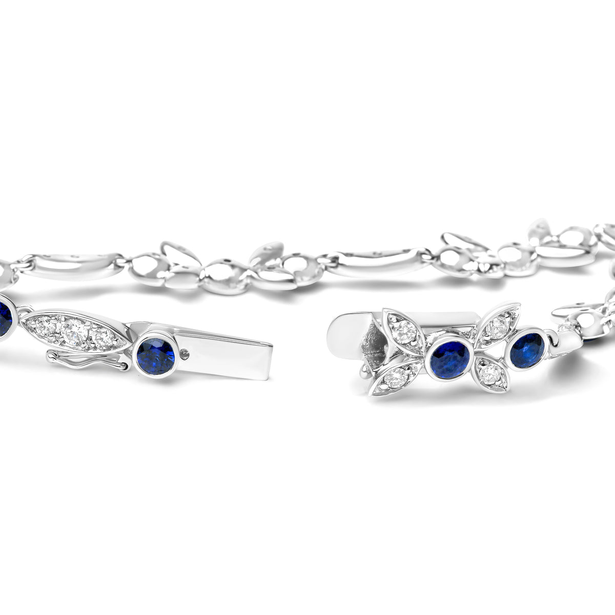 18K White Gold 1 3/4 Cttw Diamond and 3x3mm Round Blue Sapphire Gemstone Floral Link Bracelet (G-H Color, SI1-SI2 Clarity) - Size 7