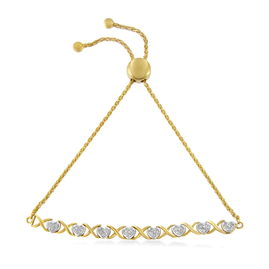 10K Yellow Gold over .925 Sterling Silver 1/10 Cttw Diamond Heart and X-Link 6â€-9â€ Adjustable Bolo Bracelet (H-I Color, I2-I3 Clarity)