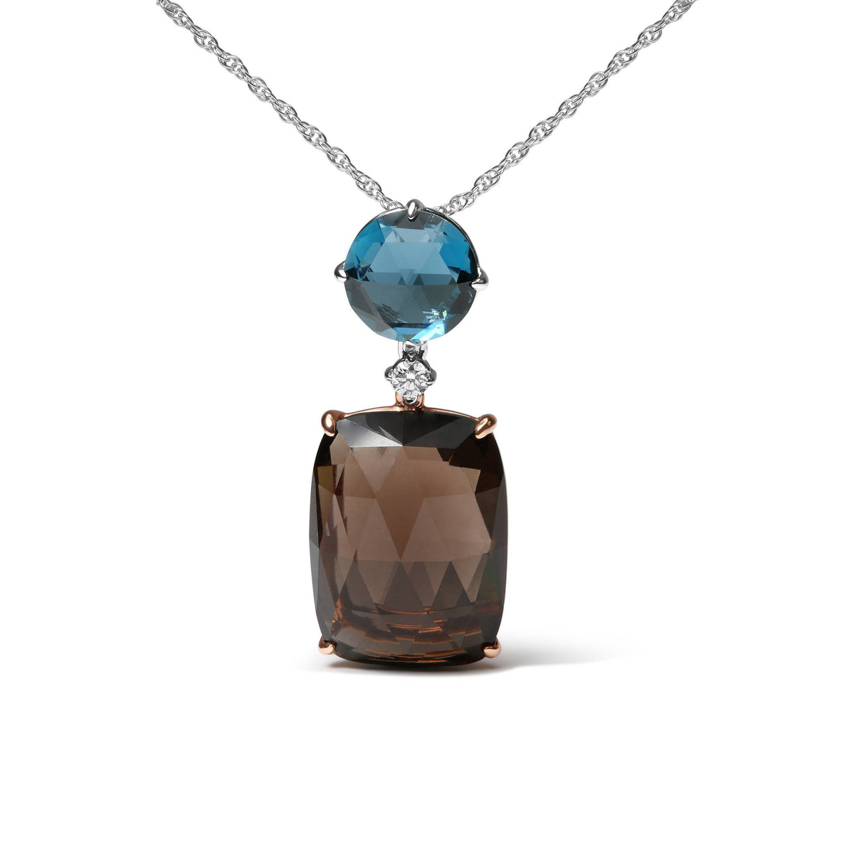 18K Rose and White Gold Diamond Accent and London Blue Topaz and Cushion Cut Smoky Quartz Gemstone Dangle Drop 18