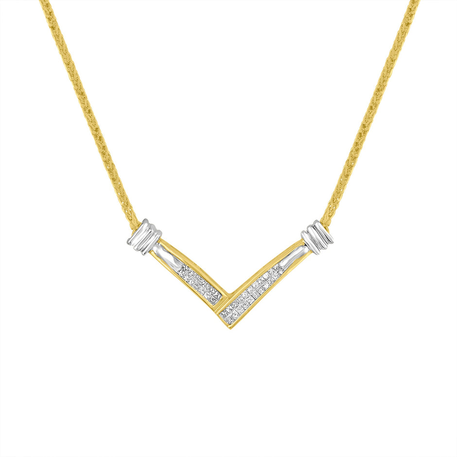 14K Yellow and White Gold 1/4 Cttw Princess Cut Diamond Channel-Set â€œVâ€ Shape 18" Pendant Necklace (H-I Color, SI2-I1 Clarity)