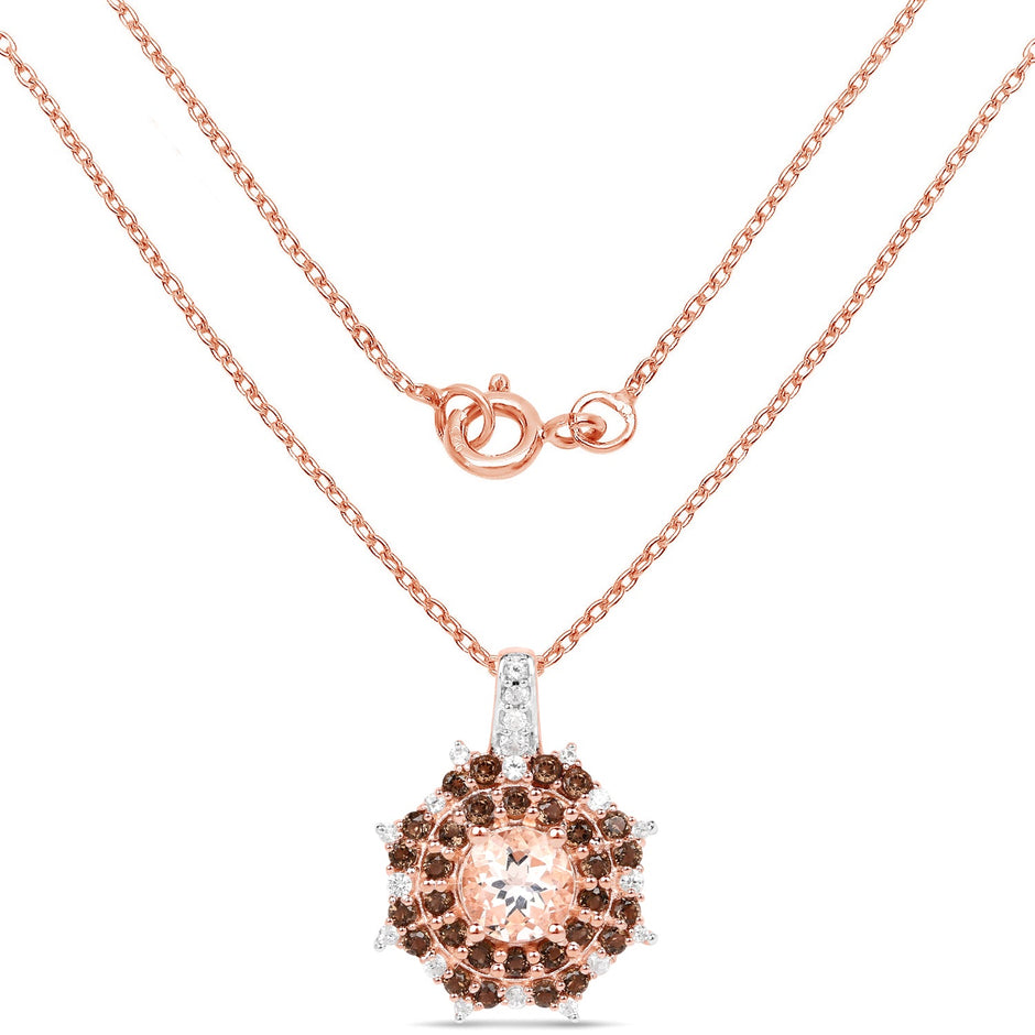 18K Rose Gold Plated 1.61 Carat Genuine Morganite, Smoky Quartz and White Zircon .925 Sterling Silver Pendant