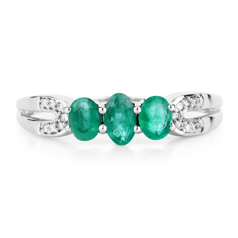 0.53 Carat Genuine Zambian Emerald and White Diamond 14K White Gold Ring