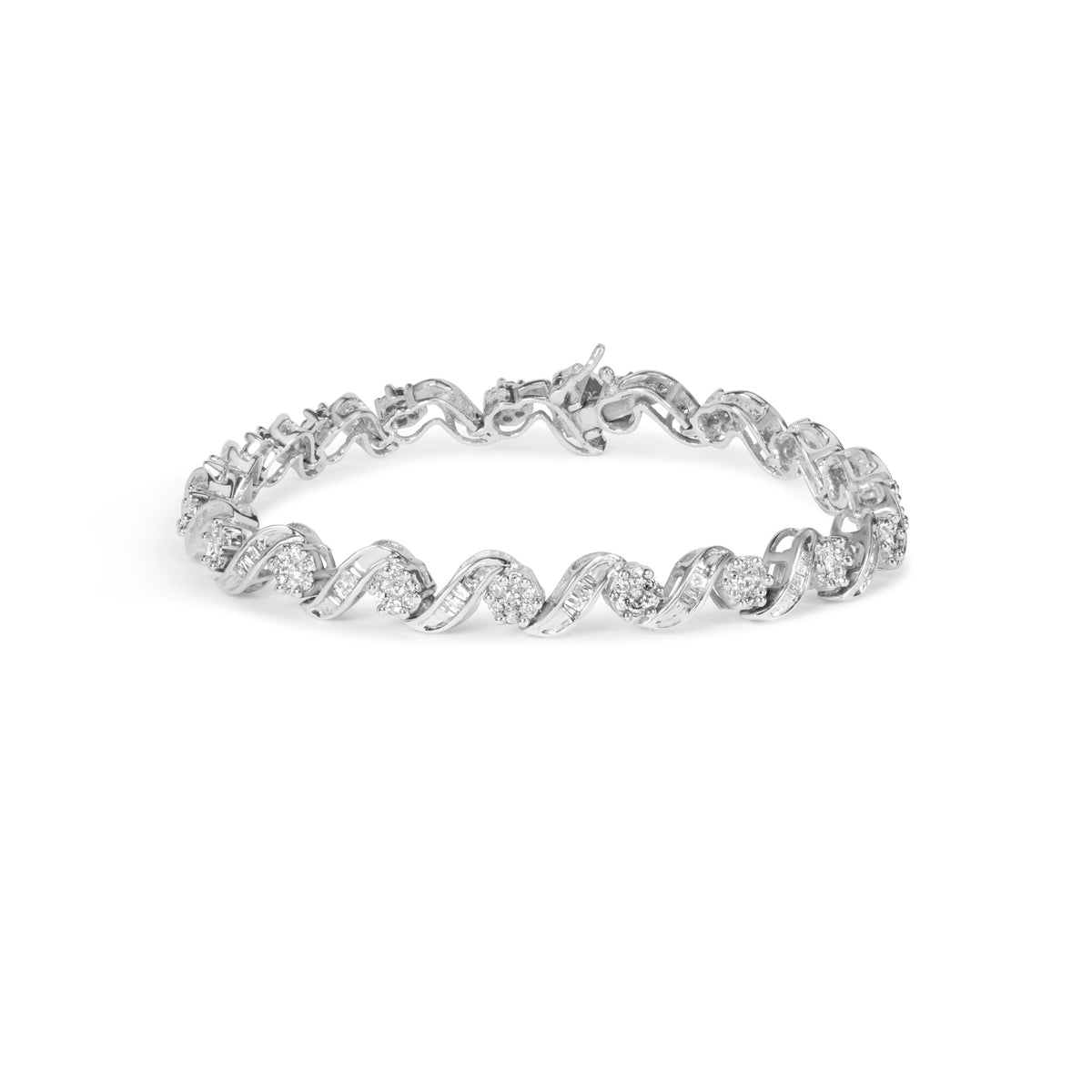 14K White Gold 2.00 Cttw Diamond Cluster and Spiral Link Bracelet (I-J Color, I1-I2 Clarity) - 7