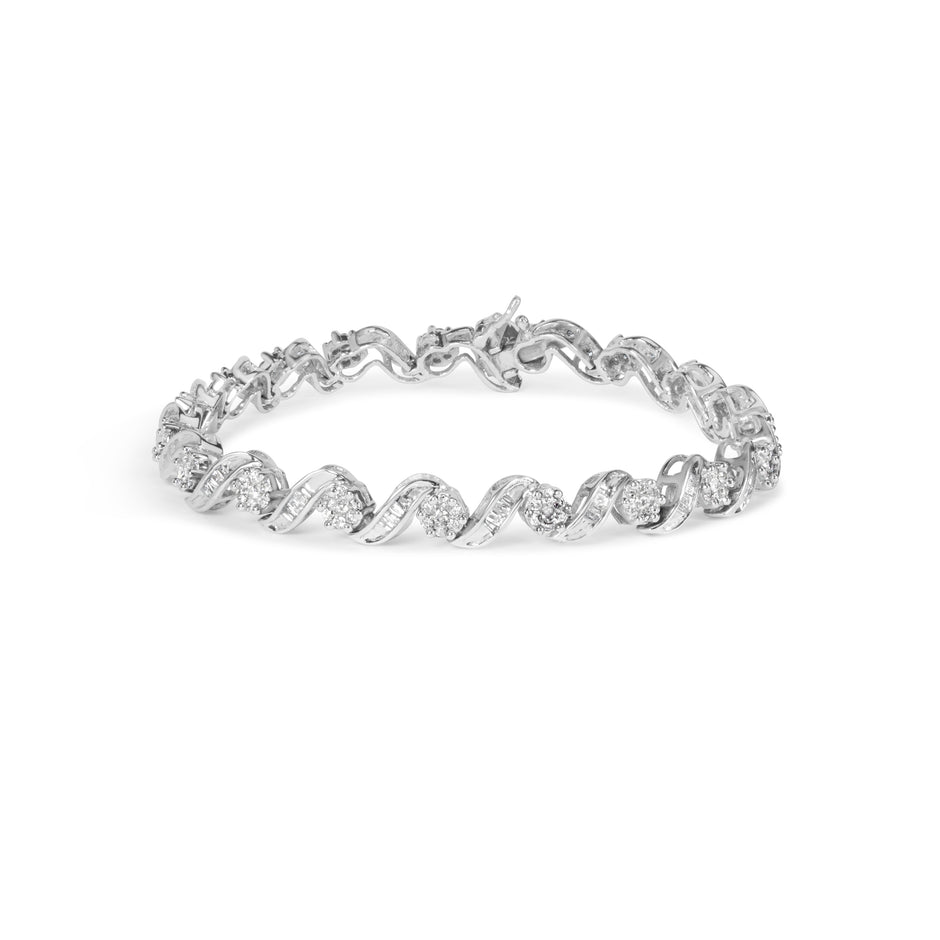 14K White Gold 2.00 Cttw Diamond Cluster and Spiral Link Bracelet (I-J Color, I1-I2 Clarity) - 7