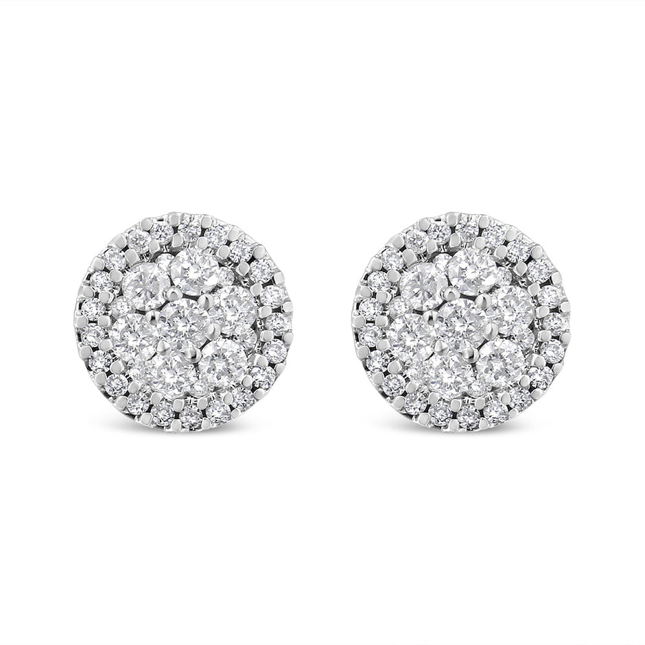 14K White Gold 1.0 Cttw Brilliant-Cut Diamond Halo-Style Cluster Round Button Stud Earrings (H-I Color, I1-I2 Clarity)