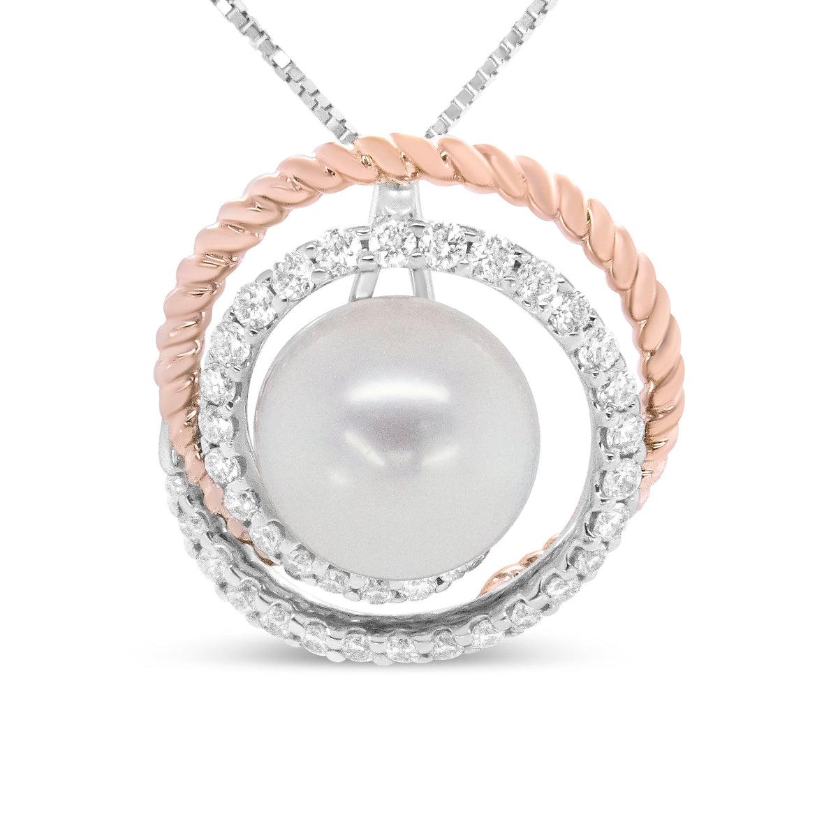 14K Rose and White Gold 3/8 Cttw Pave Diamond and 9mm Round Pearl Spiral Openwork 18