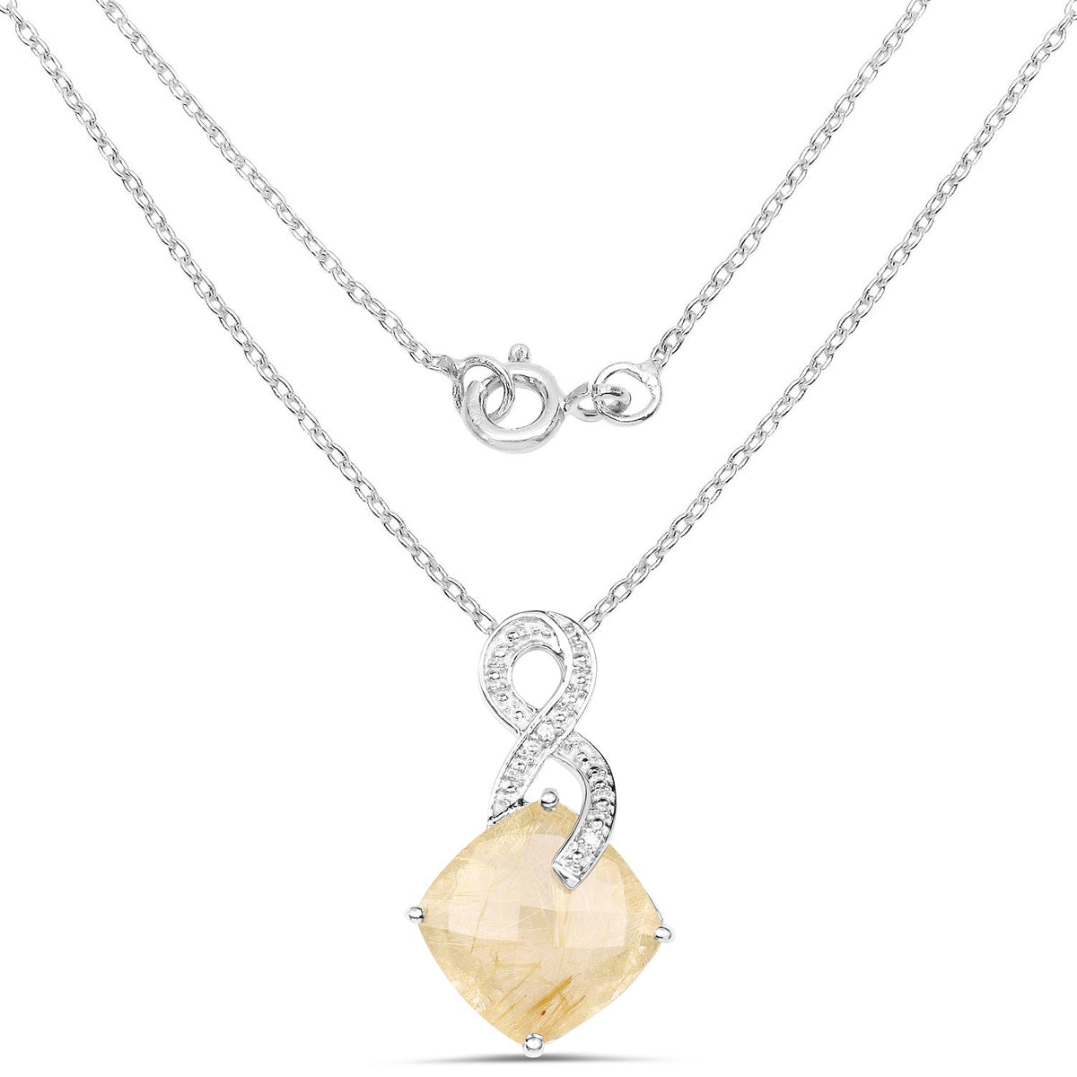 8.81 Carat Genuine Golden Rutile and White Diamond .925 Sterling Silver Pendant