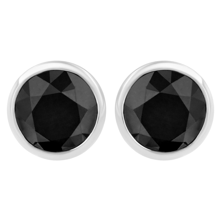 .925 Sterling Silver 4.00 Cttw Round Brilliant-Cut Black Diamond Bezel-Set Stud Earrings with Screw Backs (Fancy Color-Enhanced, I2-I3 Clarity)