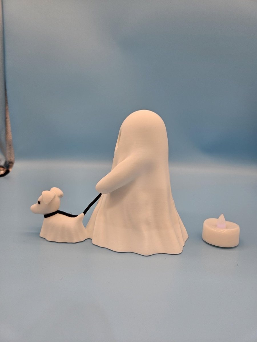Ghost with Dog Figurine Set – 3D - Printed Halloween Decor with LED Tealight - Figurines - Custom Crafting Alliance, LLC