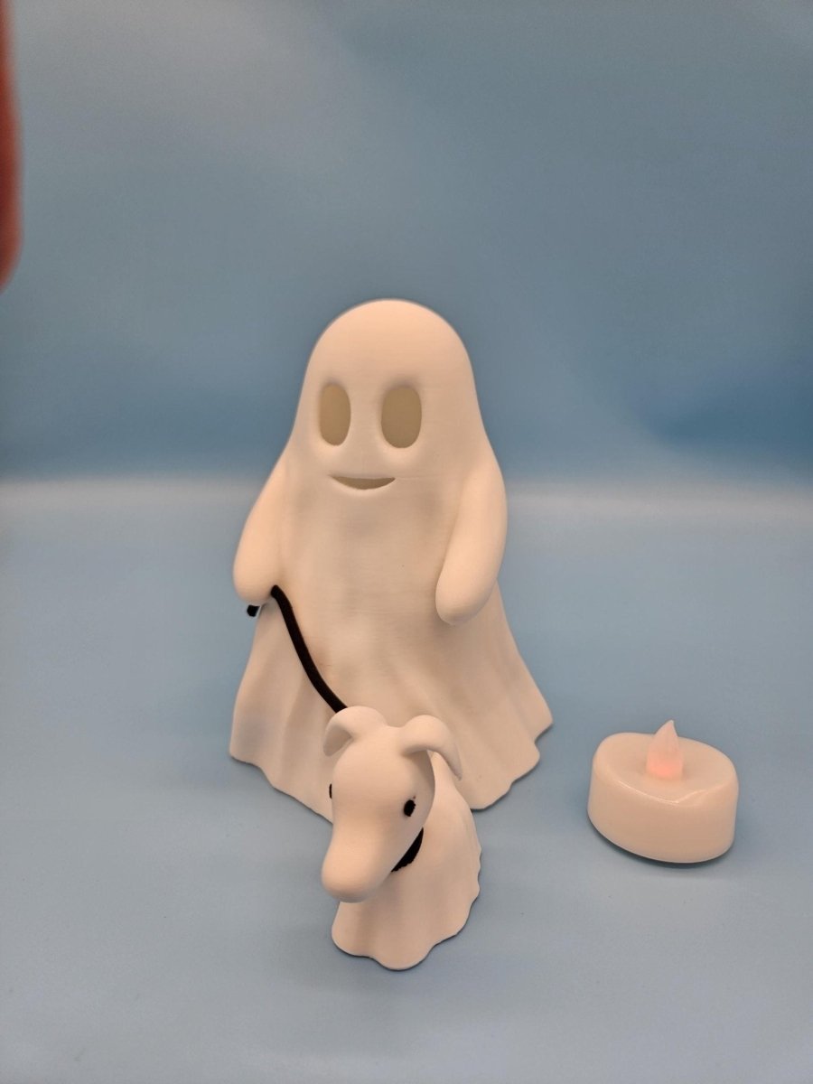 Ghost with Dog Figurine Set – 3D - Printed Halloween Decor with LED Tealight - Figurines - Custom Crafting Alliance, LLC