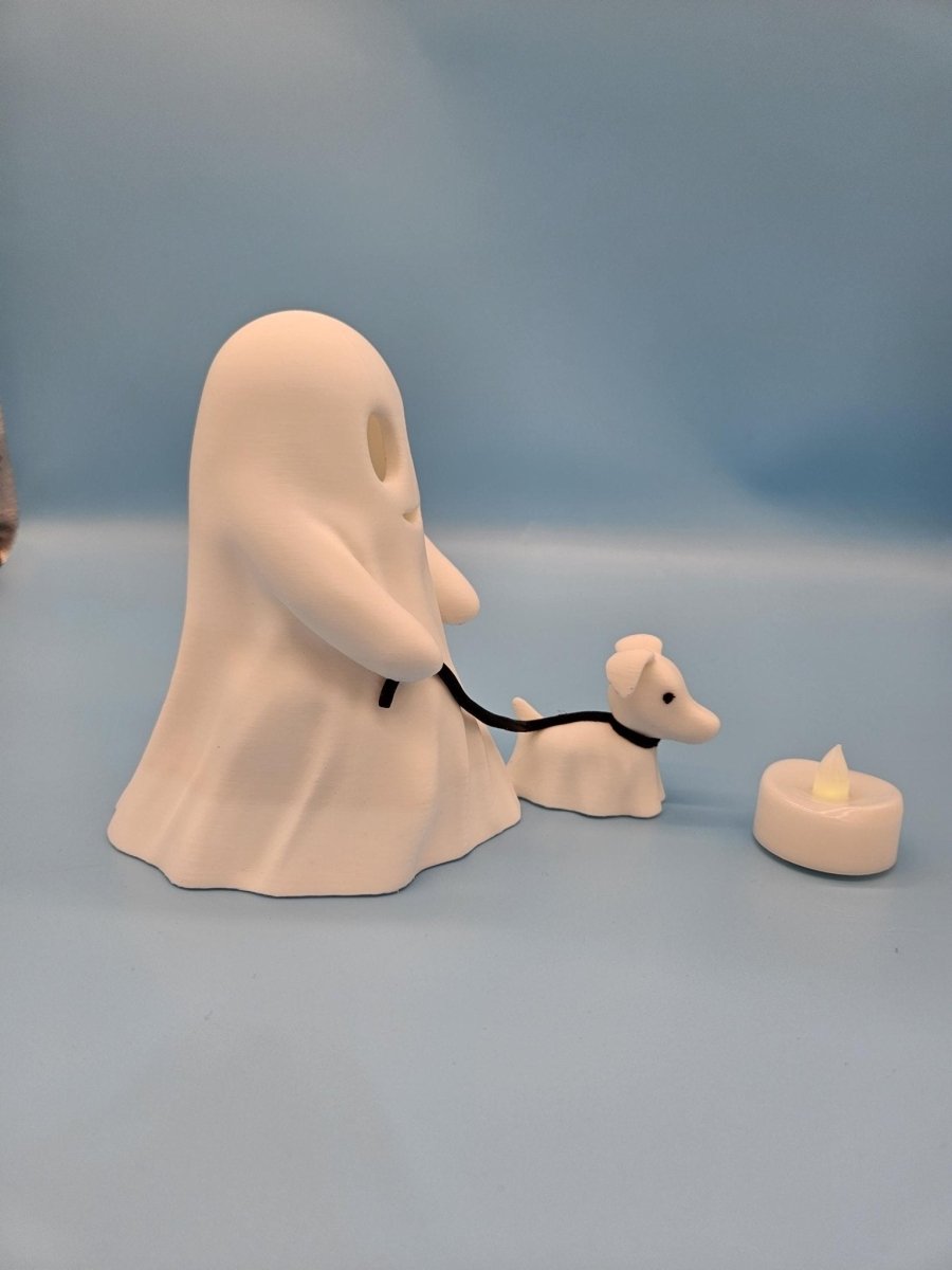 Ghost with Dog Figurine Set – 3D - Printed Halloween Decor with LED Tealight - Figurines - Custom Crafting Alliance, LLC