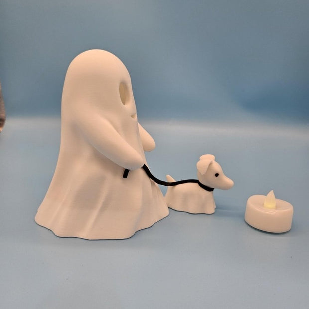 Ghost with Dog Figurine Set – 3D - Printed Halloween Decor with LED Tealight - Figurines - Custom Crafting Alliance, LLC