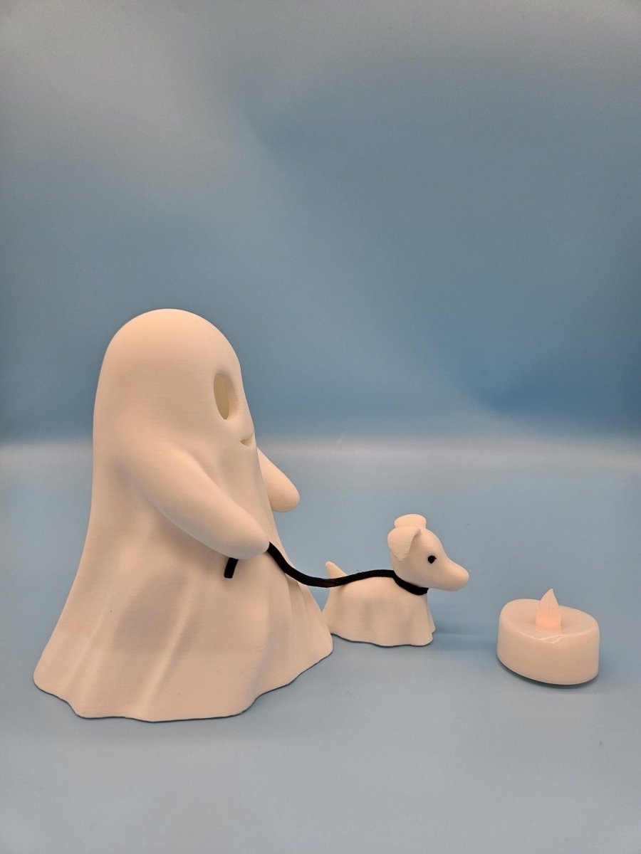 Ghost with Dog Figurine Set – 3D - Printed Halloween Decor with LED Tealight - Figurines - Custom Crafting Alliance, LLC