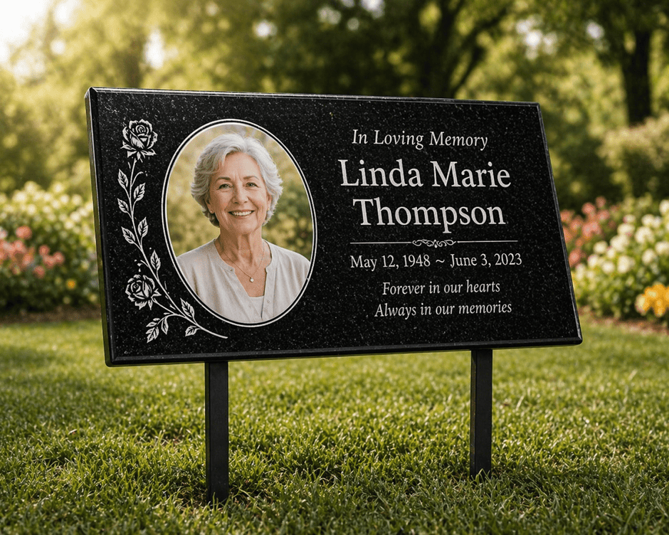 Granite Memorial Plaque with Photo, Custom Ceramic Portrait Grave Marker, Personalized Headstone Style Marker - Memorial Stone - Custom Crafting Alliance, LLC