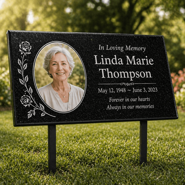 Granite Memorial Plaque with Photo, Custom Ceramic Portrait Grave Marker, Personalized Headstone Style Marker - Memorial Stone - Custom Crafting Alliance, LLC