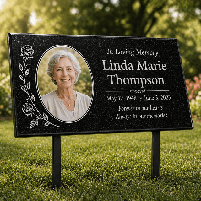 Granite Memorial Plaque with Photo, Custom Ceramic Portrait Grave Marker, Personalized Headstone Style Marker - Memorial Stone - Custom Crafting Alliance, LLC