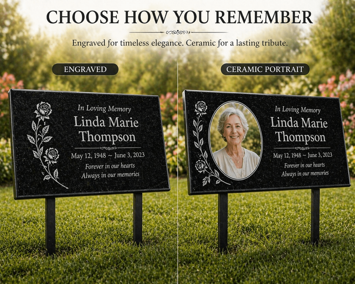 Granite Memorial Plaque with Photo, Custom Ceramic Portrait Grave Marker, Personalized Headstone Style Marker - Memorial Stone - Custom Crafting Alliance, LLC