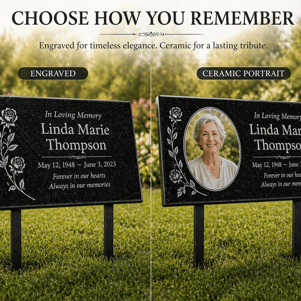 Granite Memorial Plaque with Photo, Custom Ceramic Portrait Grave Marker, Personalized Headstone Style Marker - Memorial Stone - Custom Crafting Alliance, LLC