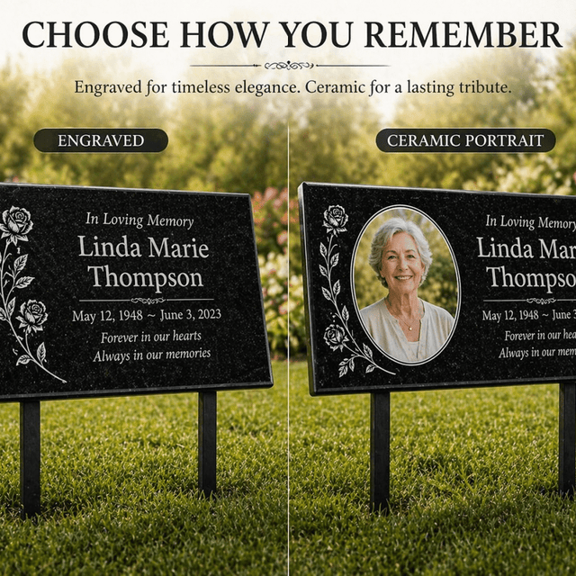 Granite Memorial Plaque with Photo, Custom Ceramic Portrait Grave Marker, Personalized Headstone Style Marker - Memorial Stone - Custom Crafting Alliance, LLC