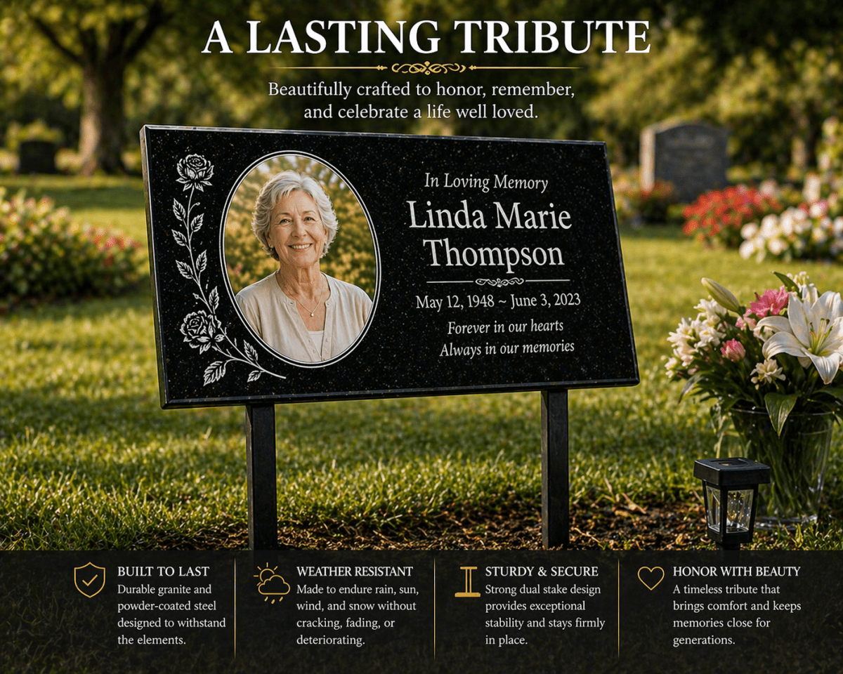 Granite Memorial Plaque with Photo, Custom Ceramic Portrait Grave Marker, Personalized Headstone Style Marker - Memorial Stone - Custom Crafting Alliance, LLC
