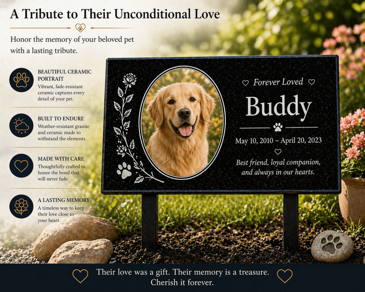 Granite Memorial Plaque with Photo, Custom Ceramic Portrait Grave Marker, Personalized Headstone Style Marker - Memorial Stone - Custom Crafting Alliance, LLC