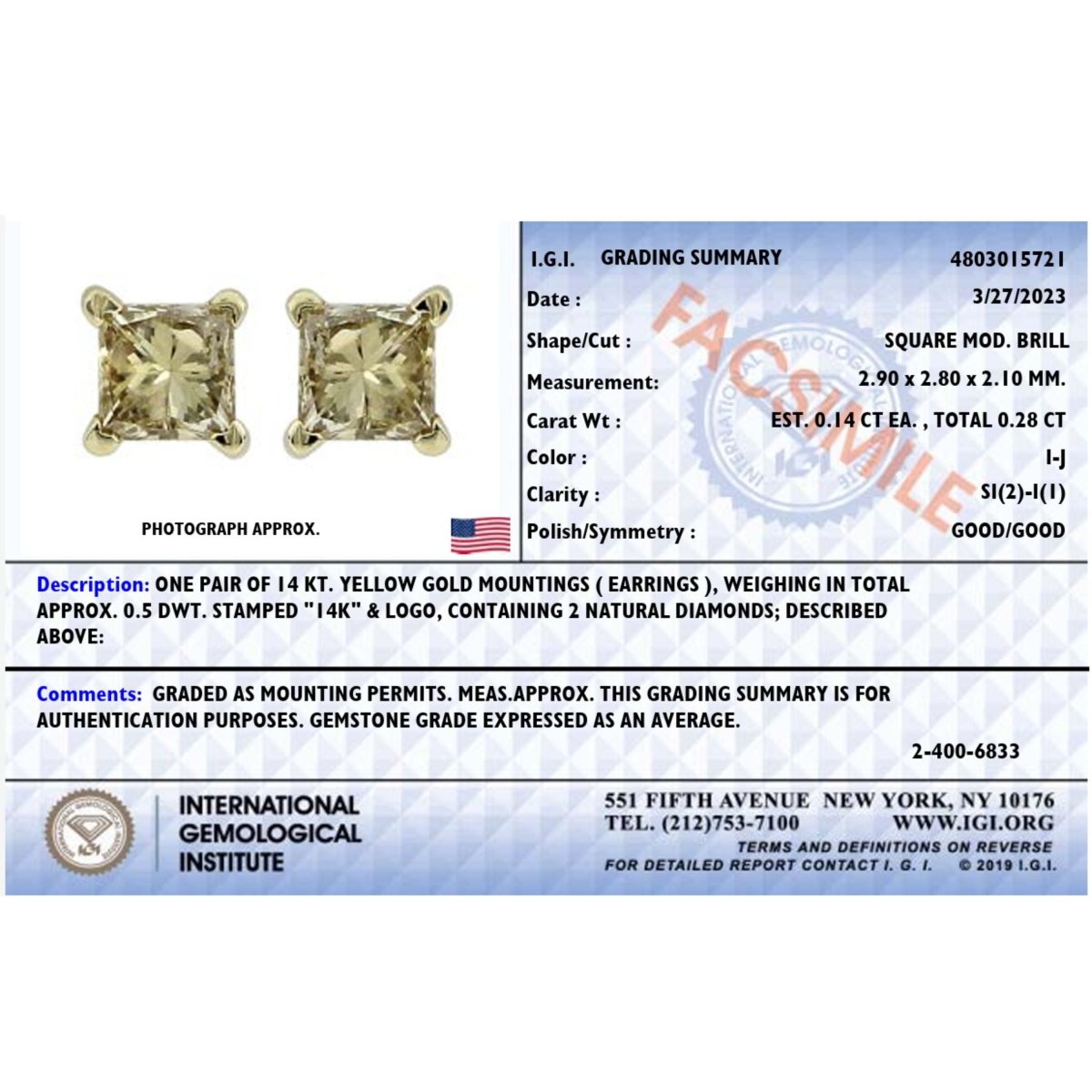 IGI Certified 14K Yellow Gold 1/4 Cttw Princess-Cut Diamond Solitaire Stud Earrings - Earrings - Custom Crafting Alliance, LLC