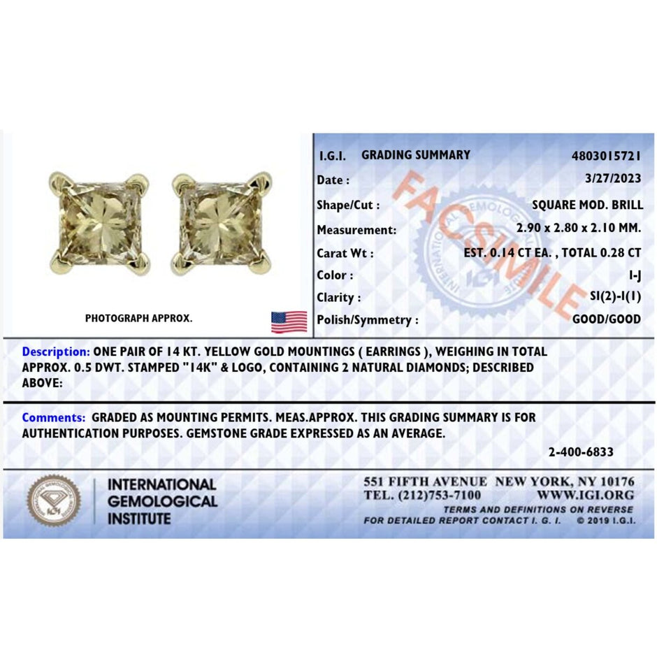 IGI Certified 14K Yellow Gold 1/4 Cttw Princess-Cut Diamond Solitaire Stud Earrings - Earrings - Custom Crafting Alliance, LLC