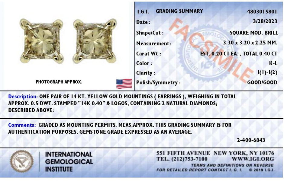 IGI Certified 3/8 Cttw Princess-Cut Square Diamond 4-Prong Solitaire Stud Earrings in 14K Yellow Gold (K-L Color, I1-I2 Clarity) - Earrings - Custom Crafting Alliance, LLC