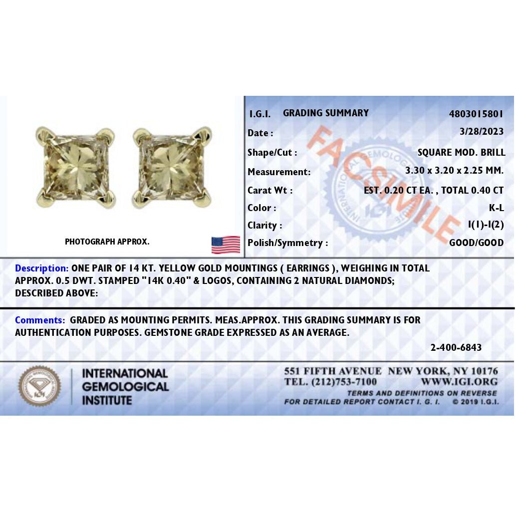 IGI Certified 3/8 Cttw Princess-Cut Square Diamond 4-Prong Solitaire Stud Earrings in 14K Yellow Gold (K-L Color, I1-I2 Clarity) - Earrings - Custom Crafting Alliance, LLC