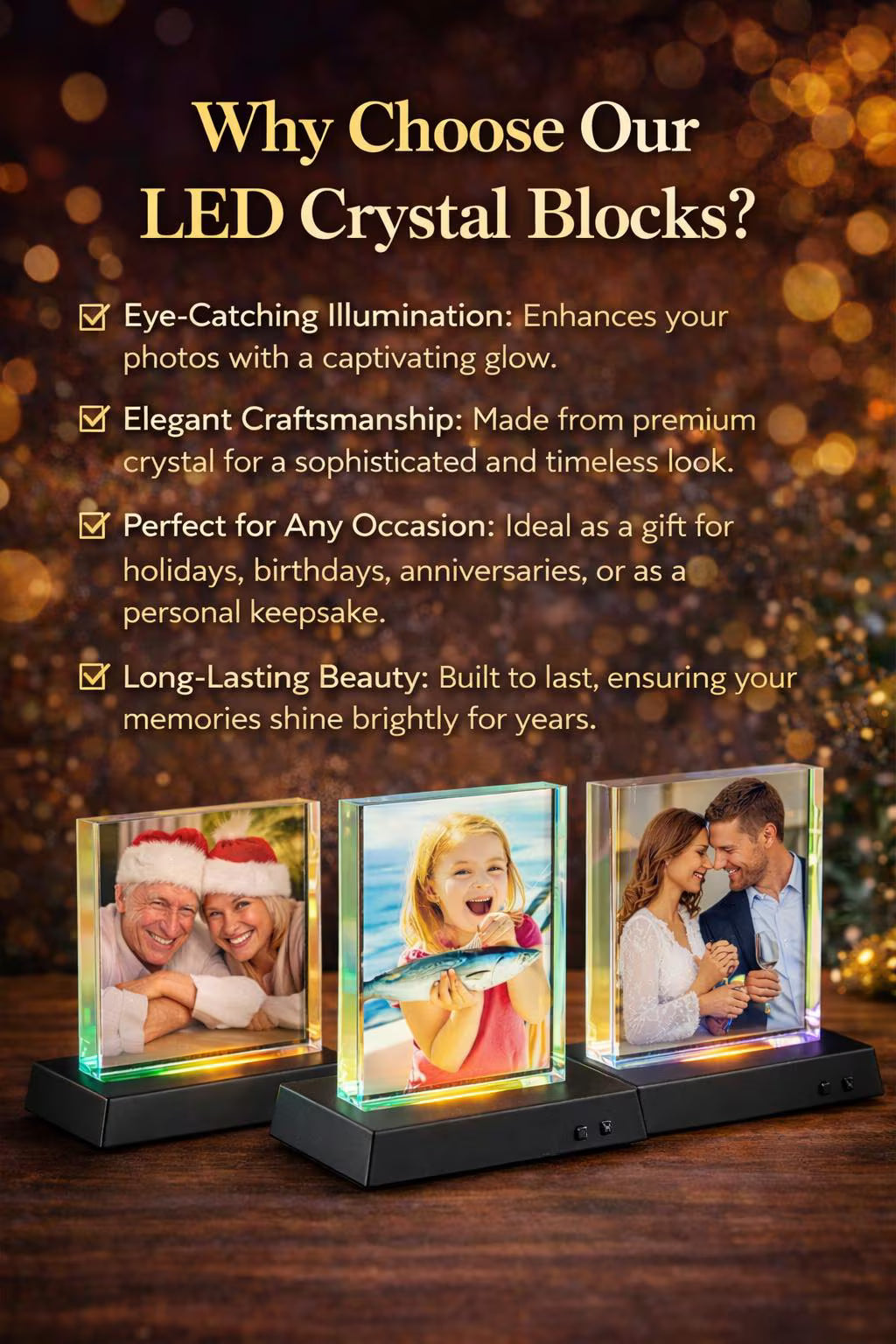 Personalized Crystal Photo Block with LED Base, Custom 4x6 Illuminated Keepsake