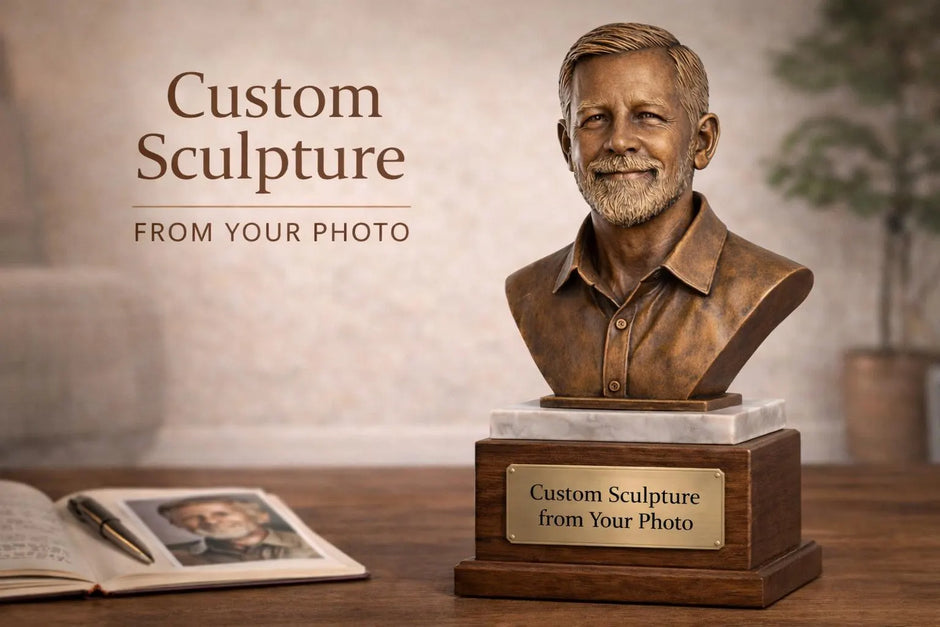 Custom Photo Bust Sculpture, Antique Bronze Finish, Walnut & Marble Base