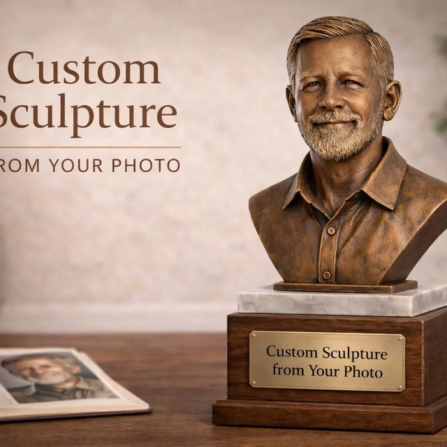 Custom Photo Bust Sculpture, Antique Bronze Finish, Walnut & Marble Base