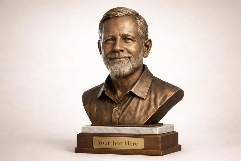 Custom Photo Bust Sculpture, Antique Bronze Finish, Walnut & Marble Base