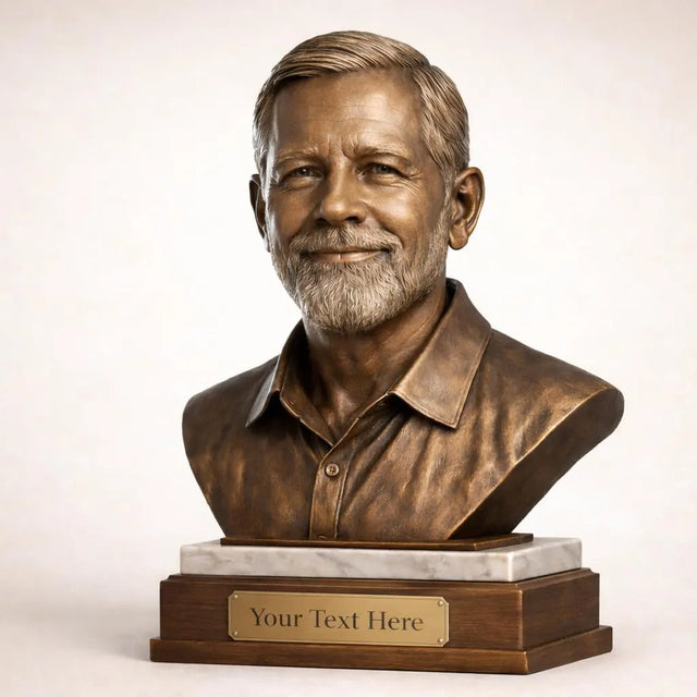 Custom Photo Bust Sculpture, Antique Bronze Finish, Walnut & Marble Base