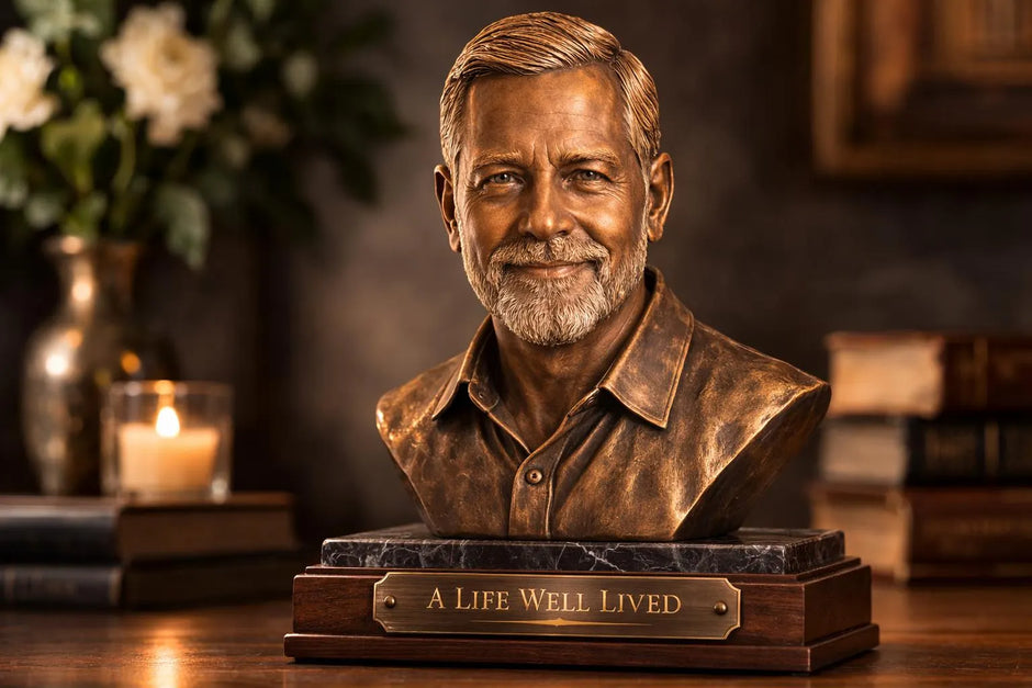 Custom Photo Bust Sculpture, Antique Bronze Finish, Walnut & Marble Base