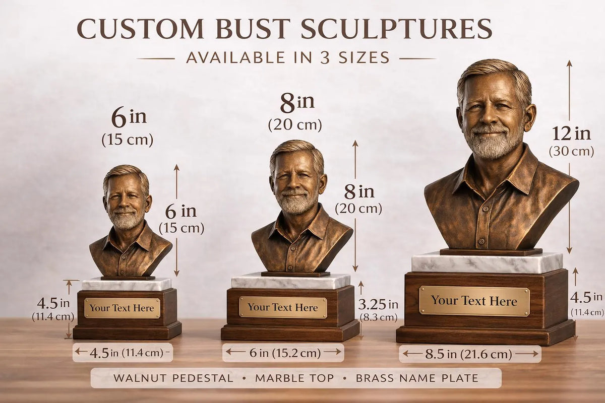 Custom Photo Bust Sculpture, Antique Bronze Finish, Walnut & Marble Base