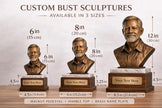 Custom Photo Bust Sculpture, Antique Bronze Finish, Walnut & Marble Base