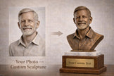 Custom Photo Bust Sculpture, Antique Bronze Finish, Walnut & Marble Base